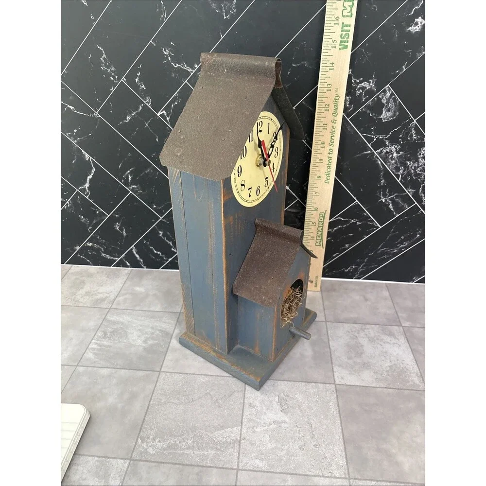 Rustic Wood Wall Or Desktop Clock Bird House Looks & Works Great
